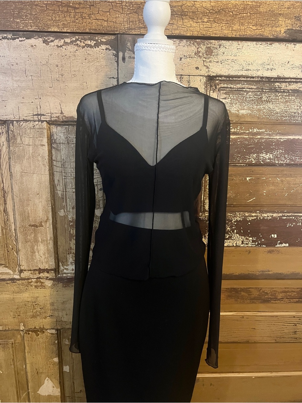 Black Sheer Long-Sleeve Layered Mesh Midi Dress